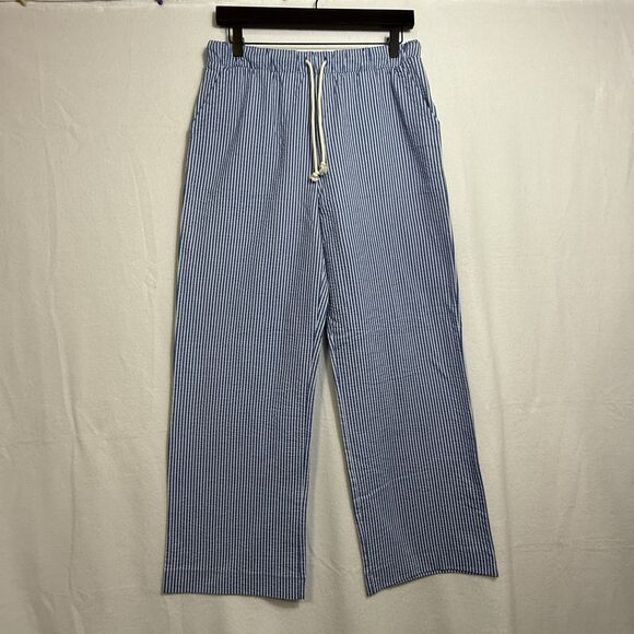 J.Crew Pull On Wide Leg Cropped Seersucker Blue Striped Pants Women Size S AW134 - Picture 1 of 9